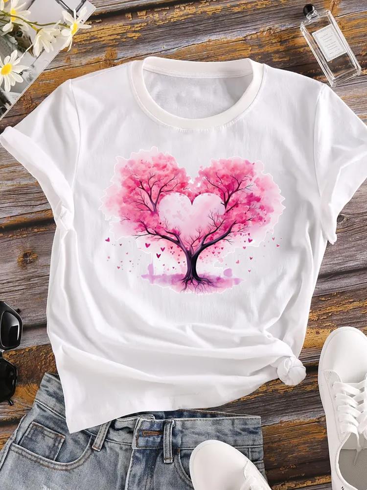 (Asian Size)  Tee Women love heart plant trend cute Clothing Casual Top Short Sleeve T Shirt Fashion Print Lady Female Graphic T-shirts