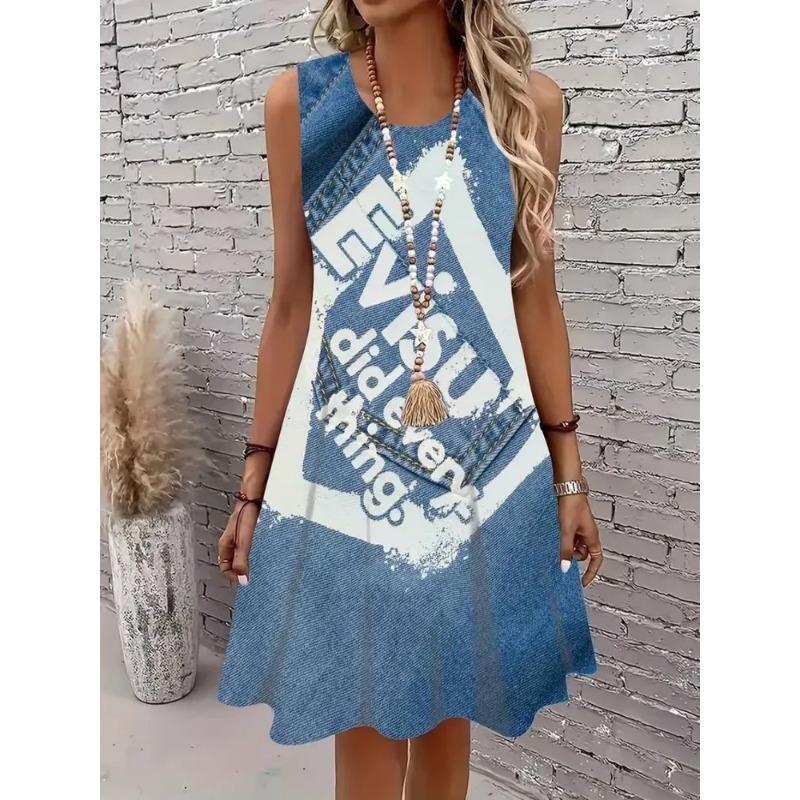 Robe d'été sans manches imprimée 3D pour femme Mode Polyvalente Tendance Respirante Décontractée