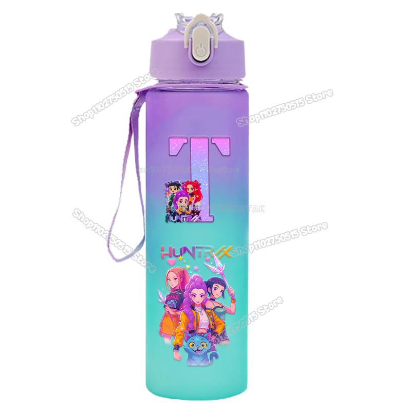 High Quality KPop Demon Hunters Gradient Water Bottles 750ml Movie Girl Letter A-Z Straw Drink Cups Portable High-capacity Outdoor Bottle