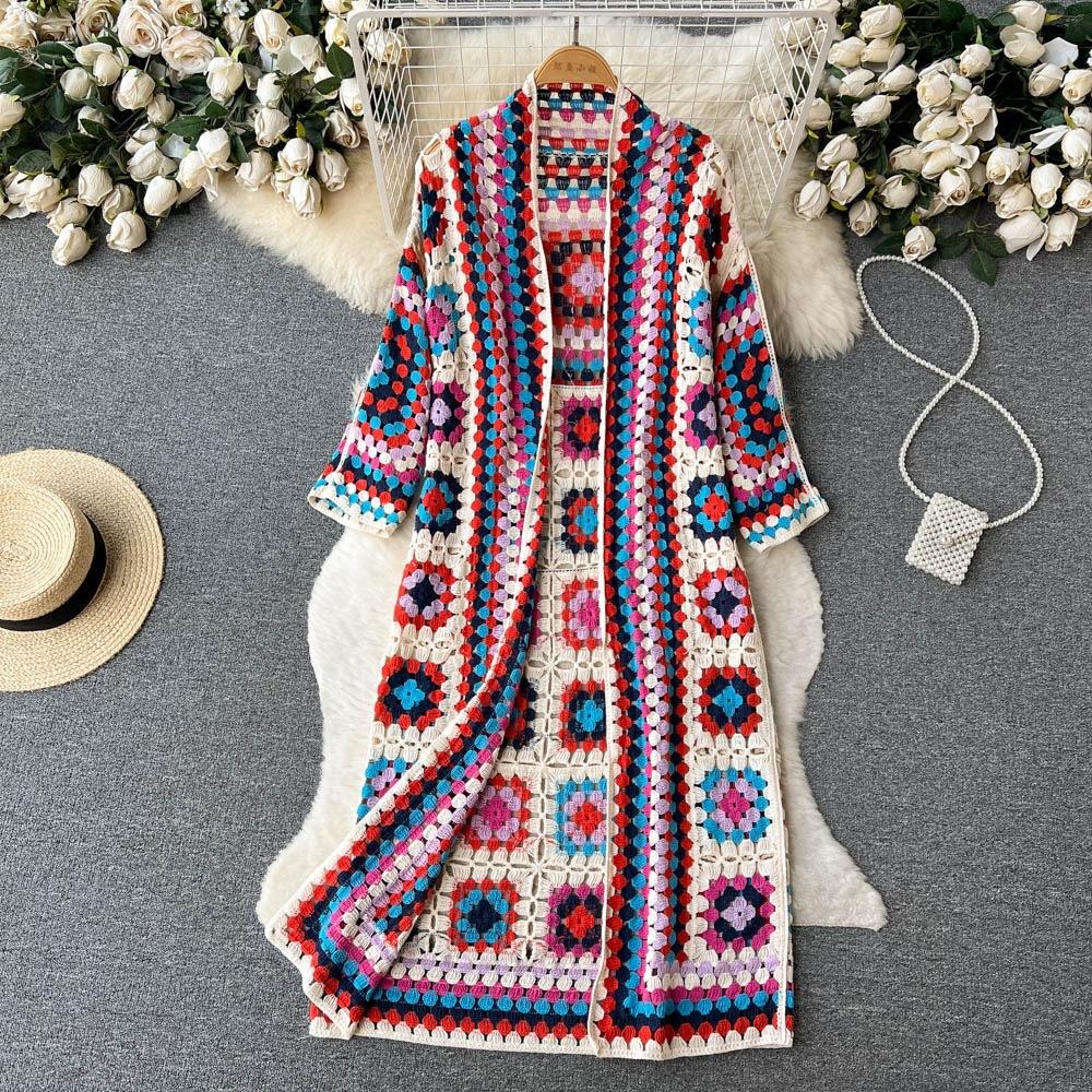 Cardigan Lungo Autunnale Moda Primavera Maglia Floreale Vintage Streetwear Largo Traforato Soprabito