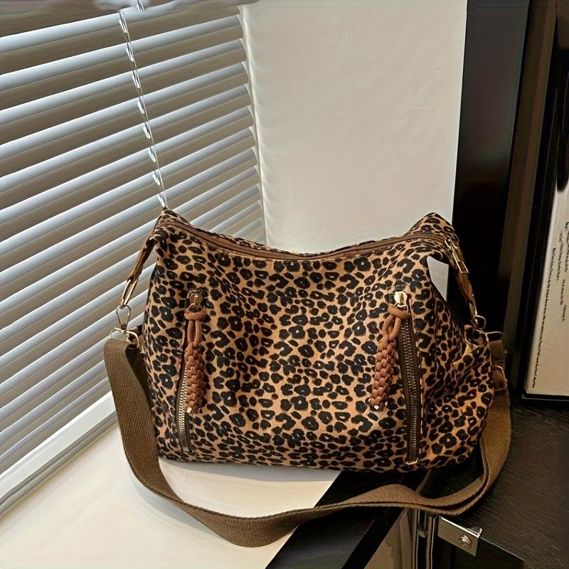Fashion Leopard Print Large Capacity Tote Bag Casual Women's Shoulder Bag Simple Vintage Crossbody Bag Fashionable Leopard Pattern Zipper Shopping Bag