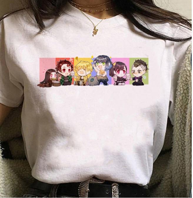 Kawaii Casual Anime Demon Slayer Kimetsu No Yaiba Graphics Female T-Shirt Summer Loose Blouse White Tees O-Neck Women Goth Tops