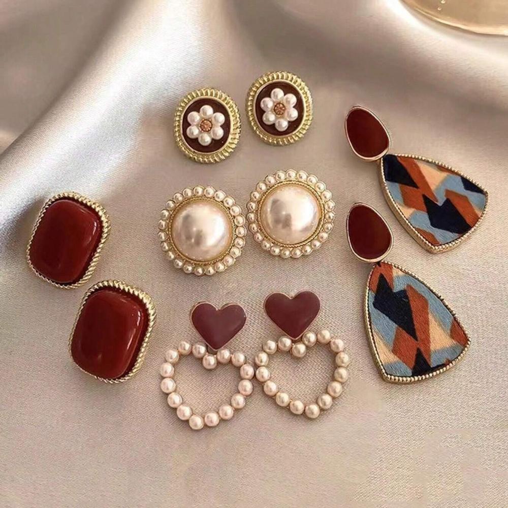 6/10/12 Pcs Simulated Pearl Round Square Stud Earrings Small French Elegant Daity Ear Studs for Women Daily Jewelry Sets F