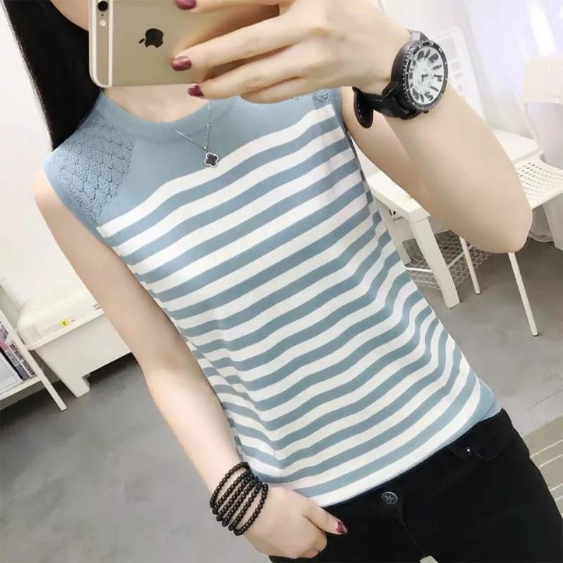 

New Ice Silk Knitted Sleeveless Striped Vest for Women to Wear Loose and Sexy Hollow Fashion Top Bottoming Shirt 4XL синій