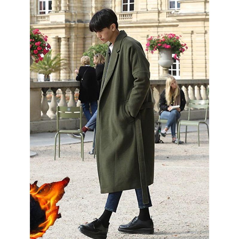 

Cotton Thickened Woolen Coat Men s Medium and Long British Loose Lace-up Solid Color Turtleneck Trench Coat Men L армія зелений колір