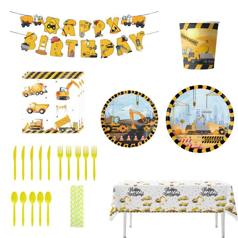 Disposable Paper Plates Cups Napkins And Tablecloth Set Excavator Themed Birthday Party Supplies