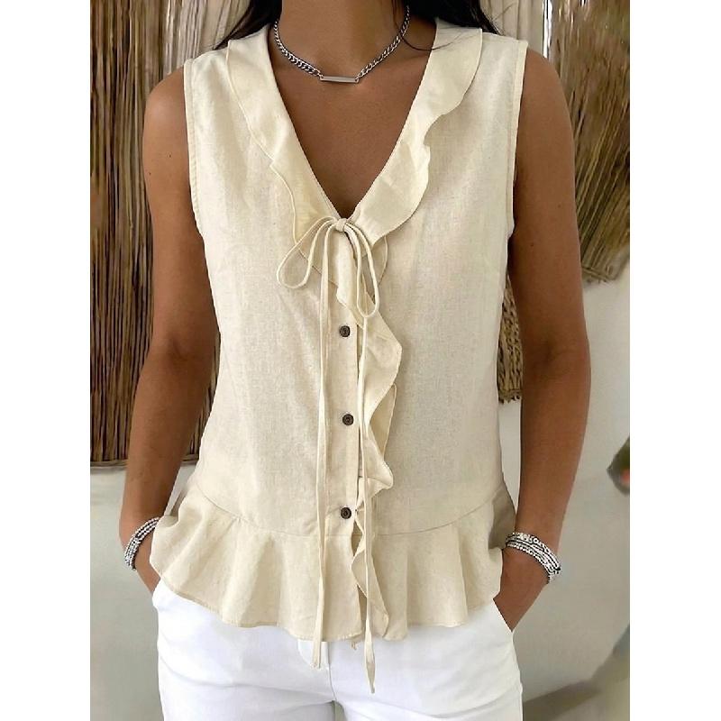 2026 Summer New V-neck Ruffle Trim Tie Sleeveless Top Women's Casual T-shirt