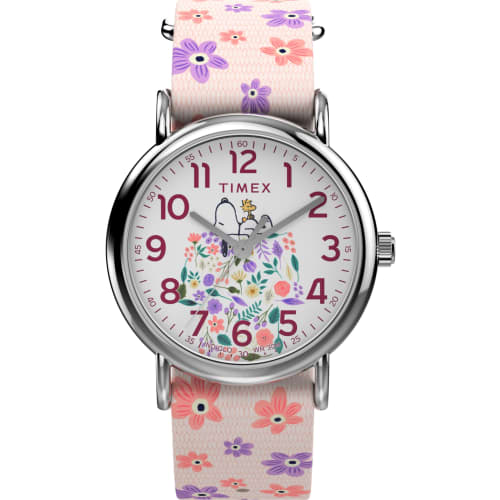 

Timex Women s Peanuts Floral 38mm Watch - Pink Strap, White Dial, Silver-Tone Case, Pink/White/Silver-Tone, Modern