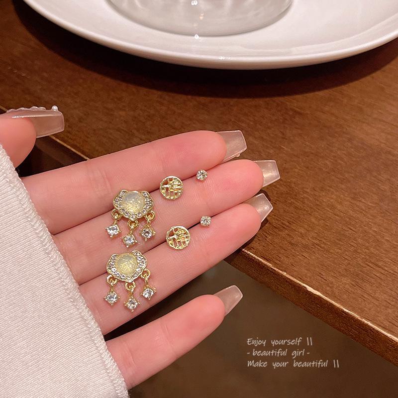 Exquisite Cat's Eye Stone Peace Lock Earrings: Six-Piece Set for Women - New Chinese Retro Style with Fashionable Elegance