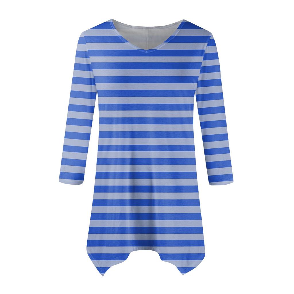 Women's Fashion Casual V-neck Striped Printed Seven-point Sleeve Shirt Belted Loose Comfortable Top