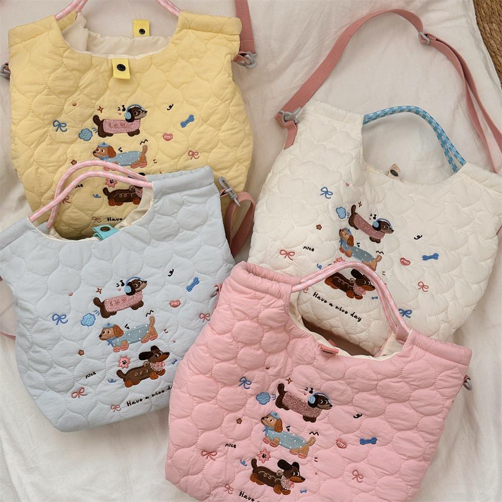 Adorable Embroidered Cartoon Shoulder Bag Large Capacity Commuter Tote Bag In White Blue Yellow And Pink