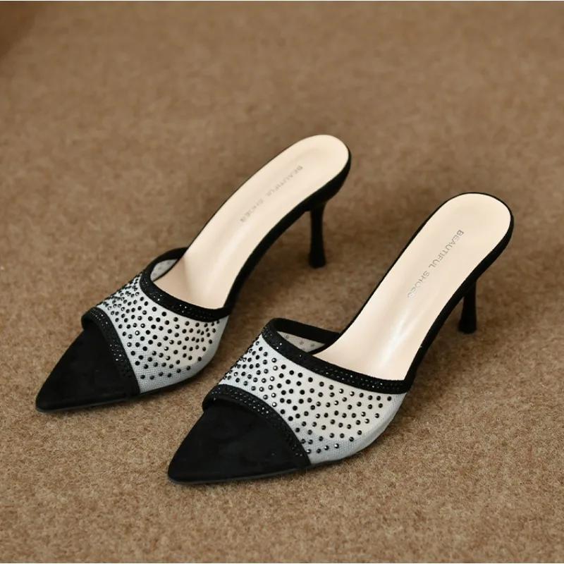 Fashionable Versatile High Heel Slippers Pointed Toe Rhinestone Decorated One-piece Strap Sandals Casual Elegant Ladies Shoes