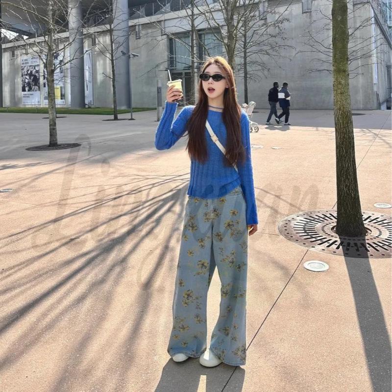 Women s High-Waisted Retro Washed Print Wide-Leg Jeans - Autumn Floor-Length Style S цветочный/синий
