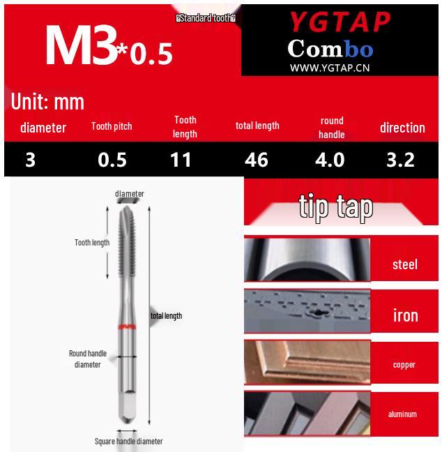 YG Cobalt Spiral Tip Machine Tap for Stainless Steel, M3-M16