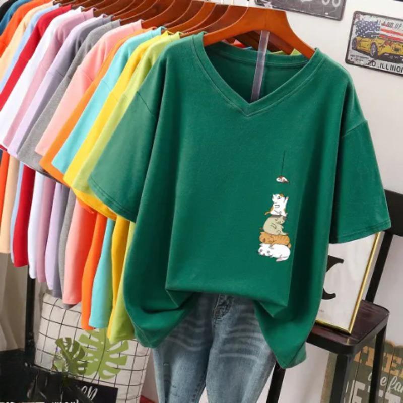 Short-sleeved T-shirt for Women, Large Size, Loose and Slimming, Printed V-neck Top