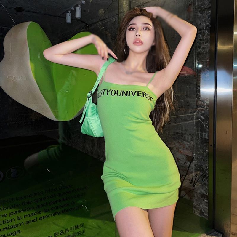 

Женское трикотажное платье-комбинация с буквенным принтом, облегающее мини-платье на тонких бретельках, коктейльное пляжное вечернее платье One Size