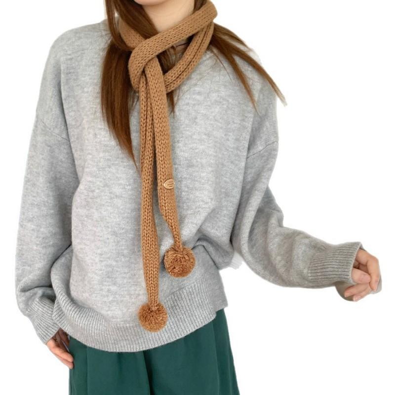 Knitted Narrow Scarf With Tassel Pendant Women Soft Wool Blend Winter Accessory Daily Wear