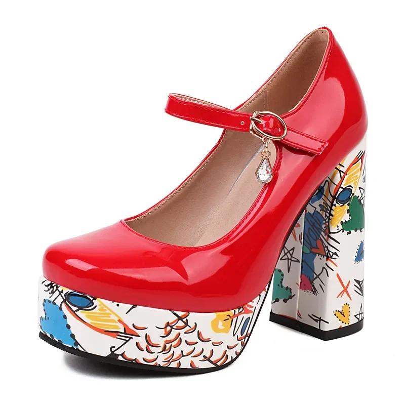

Big Size Women Platform Mary Janes White Blue Patent Leather High Chunky Heels Ladies Summer Square Toe Concise Club Party Pumps 46 красный