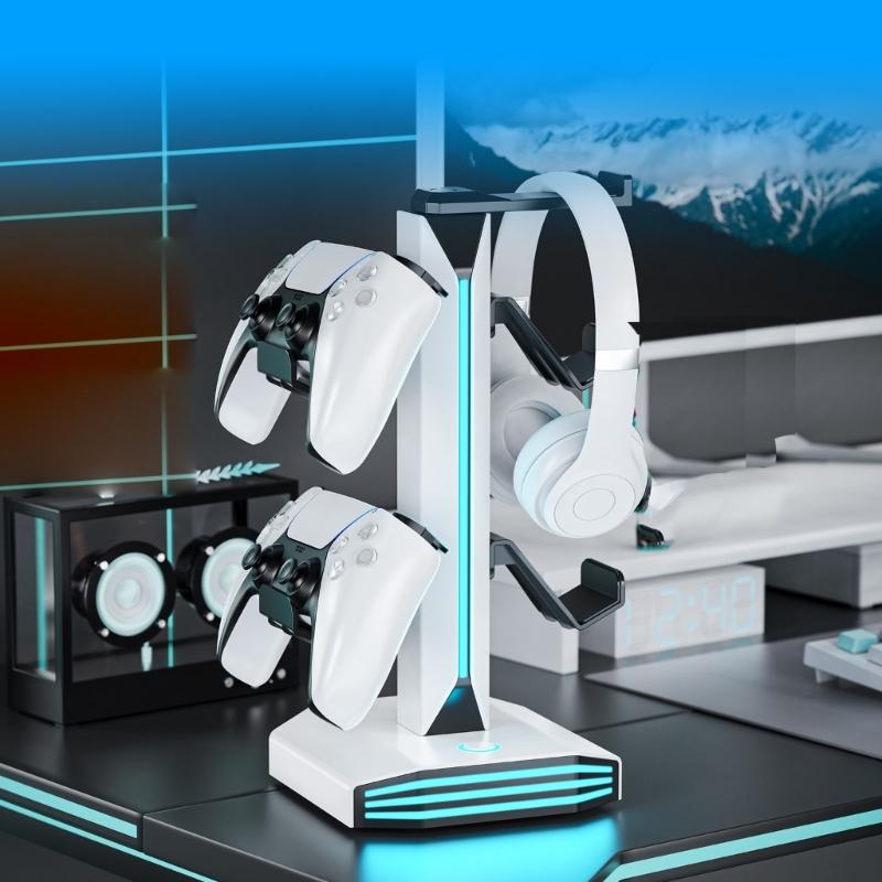 Functional Game Controller Stand Including Power Outlets And LED Features Perfect For Headphones Organization