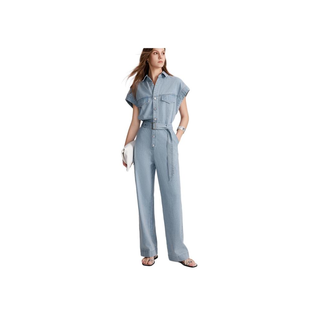 ELLE French Style Denim One-Piece Solid Color Lapel Waist-Defining Loose Jumpsuit Women jumpsuits Denim-Blue EJ47960