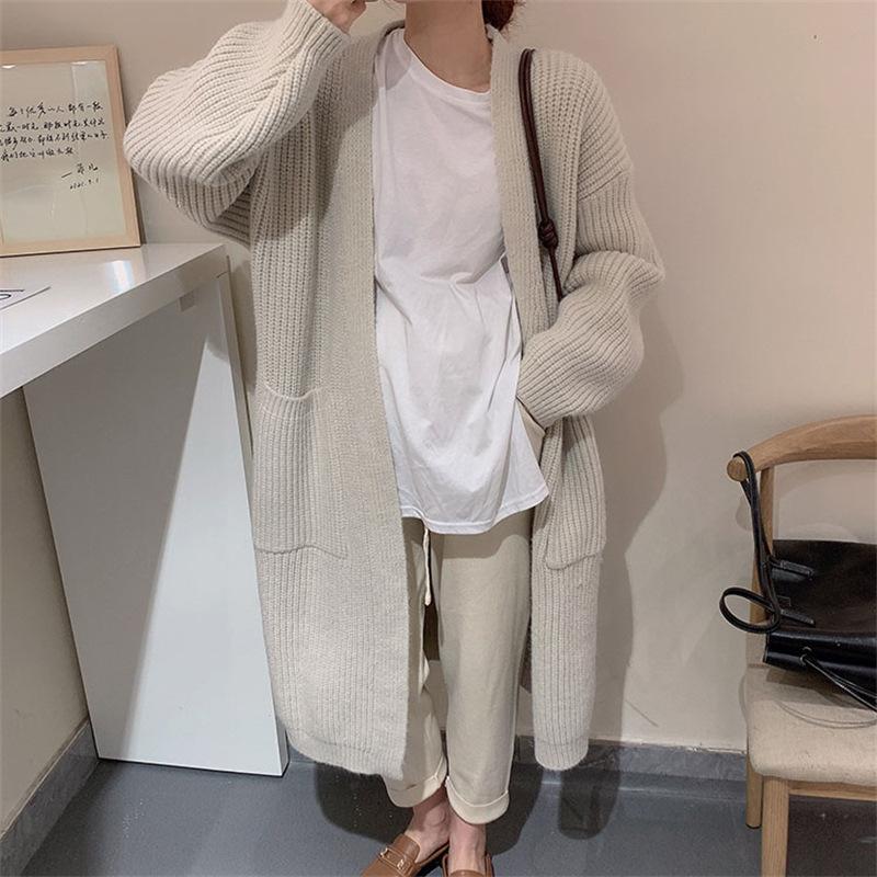 

Толстый шерстяной свитер женский свободный ленивый ветер в длинном кардигане женский осень и зима простой большой карман вязаный жакет удобный универсальный One size абрикосовый