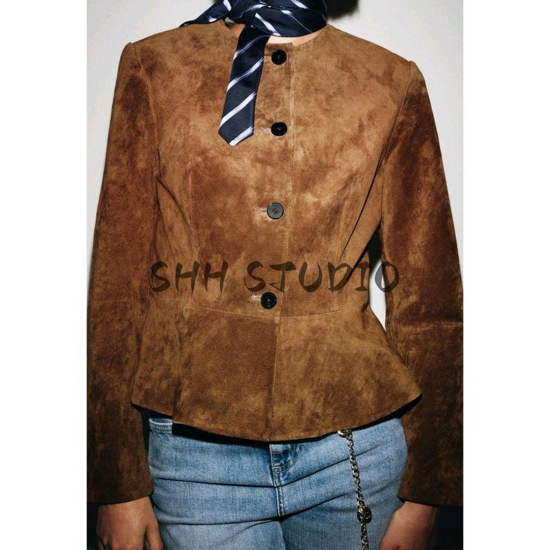 Fall New Women's Clothing French round Neck Long Sleeves A- line Hem Pu Imitation Leather Jacket Outwear 6318232