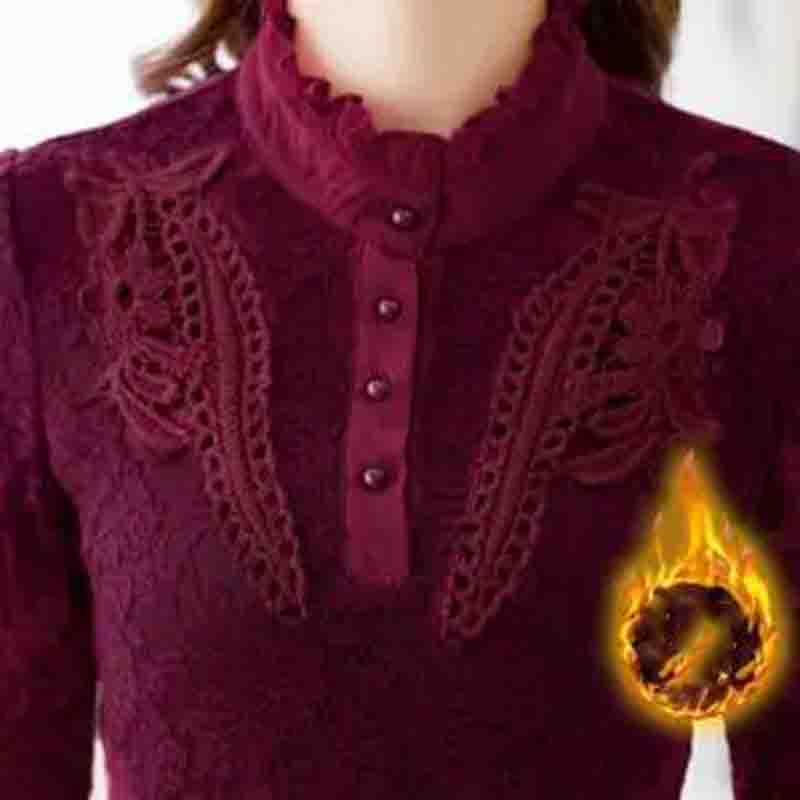 Camisa de encaje de otoño e invierno Camisa superior ajustada Camisa de mujer de talla grande con relleno de terciopelo y calidez