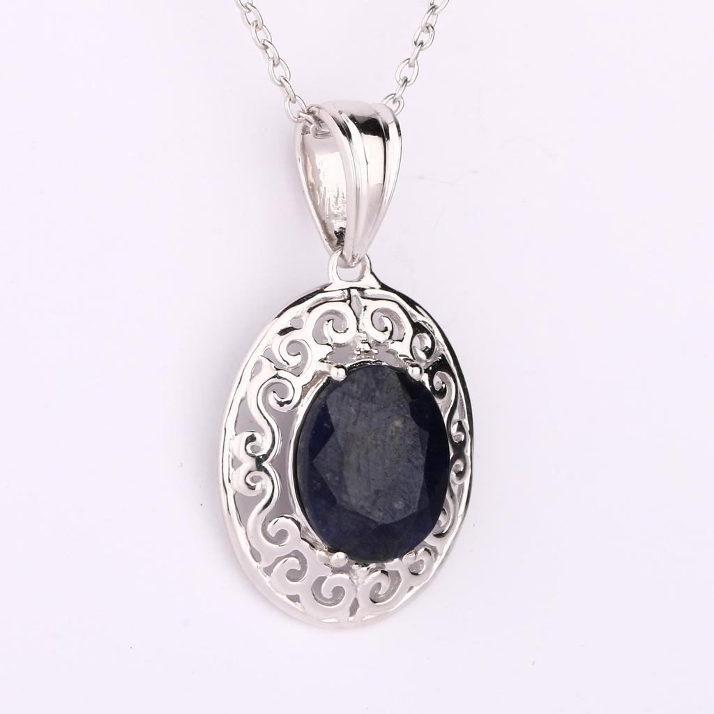 925 Sterling Silver Dyed Sapphire Oval Pendant 11x9mm Rhodium Plated Handmade Fine Jewelry Gift for Her