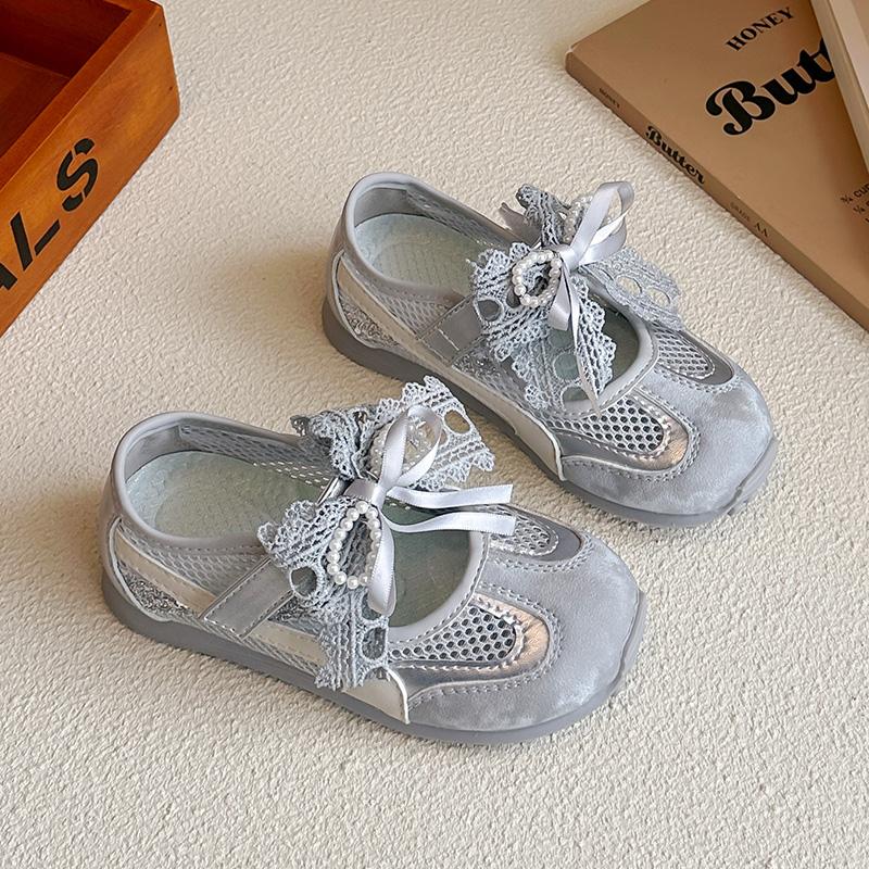 Sweet Ribbon Bowknot Mary Jane Shoes Girl Summer Soft Non Slip Lightweight Sneakers Breathable Mesh Sports Sandals Kids 23 серебряный