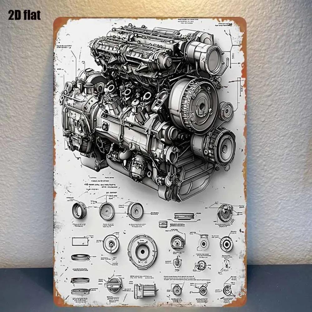 Vintage Car Engine Diagram Metal Sign Wall Art Decor