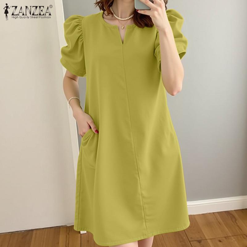 ZANZEA Abito estivo casual da donna con scollo a V e maniche corte, tinta unita