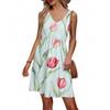 Women's Summer V-neck Casual Beach Vacation Retro Floral Print Sleeveless Patchwork Dress