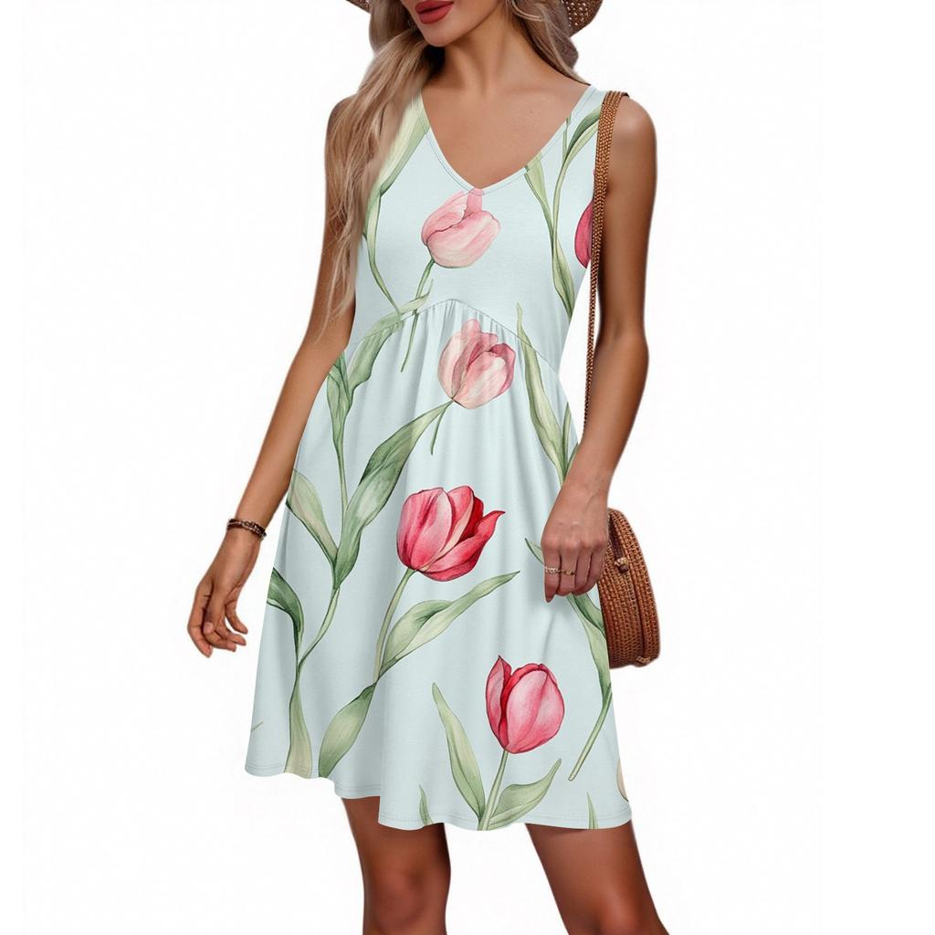 Women's Summer V-neck Casual Beach Vacation Retro Floral Print Sleeveless Patchwork Dress
