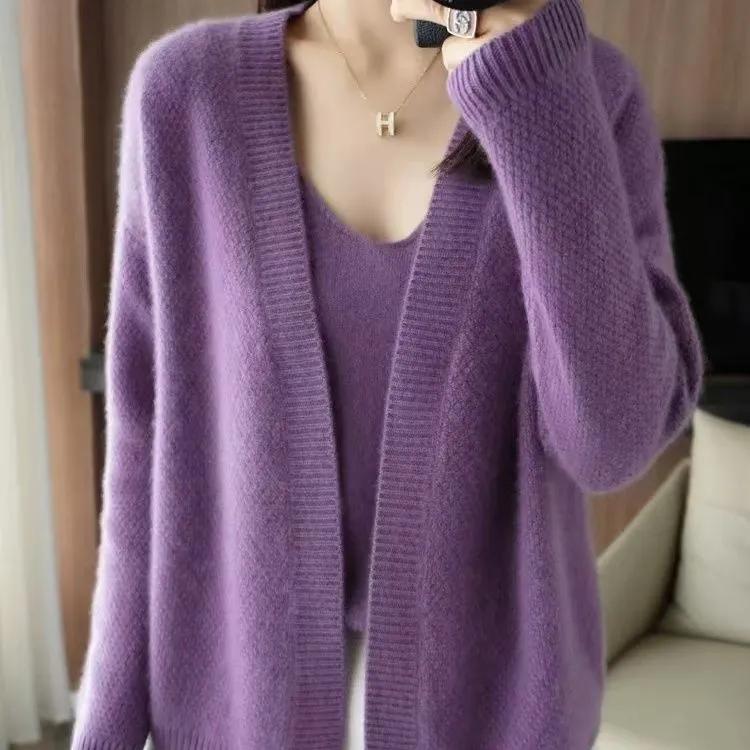 Maglione Lavorato a Maglia da Donna Primavera Autunno Scollo a V Cardigan Caldo da Ufficio a Tinta Unita Largo
