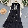 Vintage Western Style Embroidered V-neck Strap Up Waist Long Sleeve Dress for Women French Elegant Grand Swing Long Dress