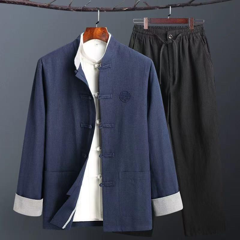 Men's Retro Chinese Tang Suit: Spring/Autumn Cotton Linen 3-Piece Set with Long Sleeve Frog Button Hanfu Coat
