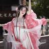 Womens Tang Dynasty Style Hanfu Set With Embroidered Peach Blossom Motif Wide Sleeve Top Chest-Tie Skirt