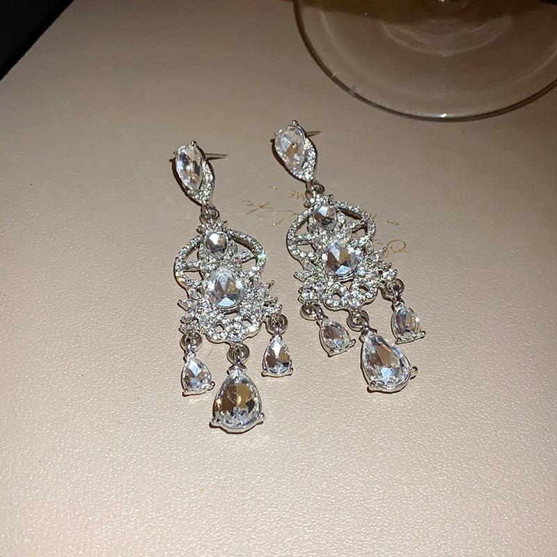 Silver Needle Diamond Flower Water Drop Tassel Earrings Exaggerated Earrings Light Luxury Premium Earrings Women