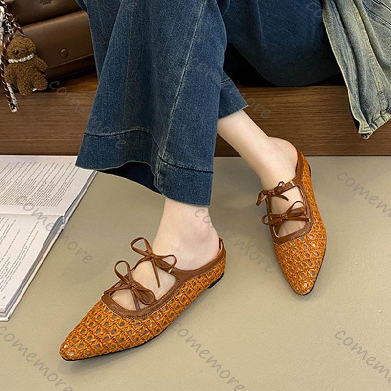 Comemore Women Weave Slippers Lace Up Middle Heel Sandals Casual Solid Woman Shoes Summer New Baotou Half Mules Shallow Slides