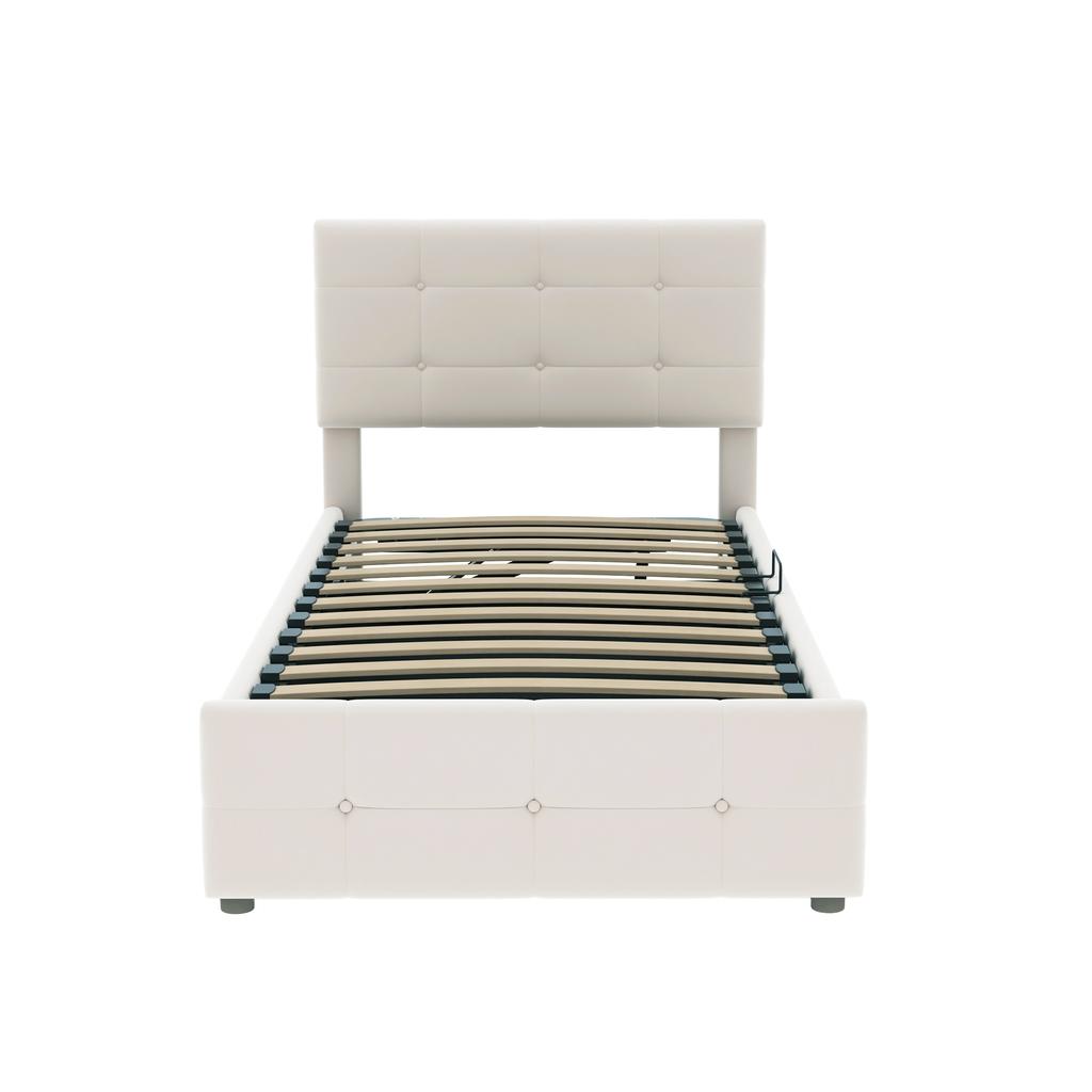 Upholstered Bed Children's Bed 90x200 Cm, Hydraulic Storage Bed, Height-Adjustable Headboard, Single High Box Bed, Velvet Fabric, Beige