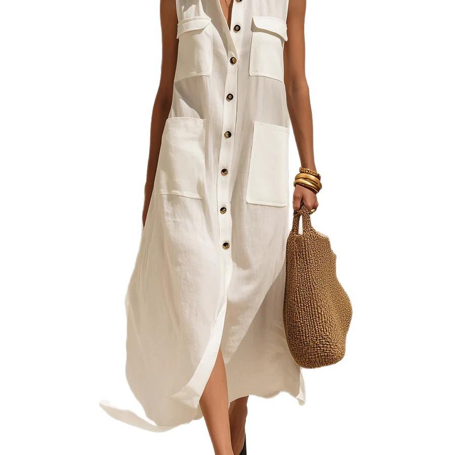 European and American Spring and Summer Sleeveless Skirt High-end Temperament Women's Solid Color Pocket Long Dress Dress