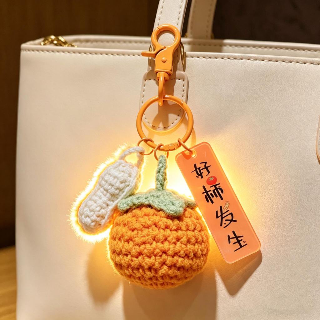 Handmade Crocheted Persimmon Keychain, "Good Things Happen" Lucky Charm,Lucky Persimmon Peanut Keyring, Hand-Knitted Fruit Pendant with Wish Tag