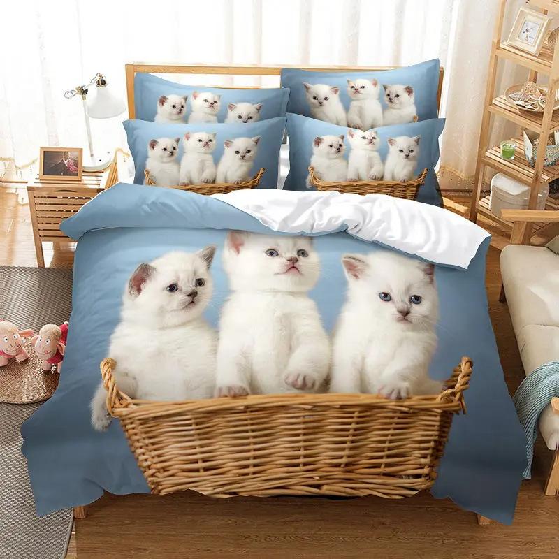 Cute Pet Cat 3D Printing Digital Three-Piece Quilt Cover Sheet Pillowcase Kit