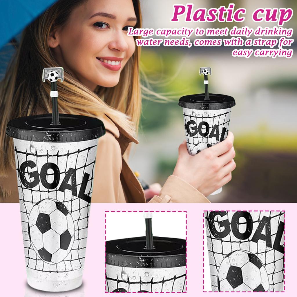 Large Capacity 710ml Single-Wall Plastic Cup With Soccer Pattern And Straw