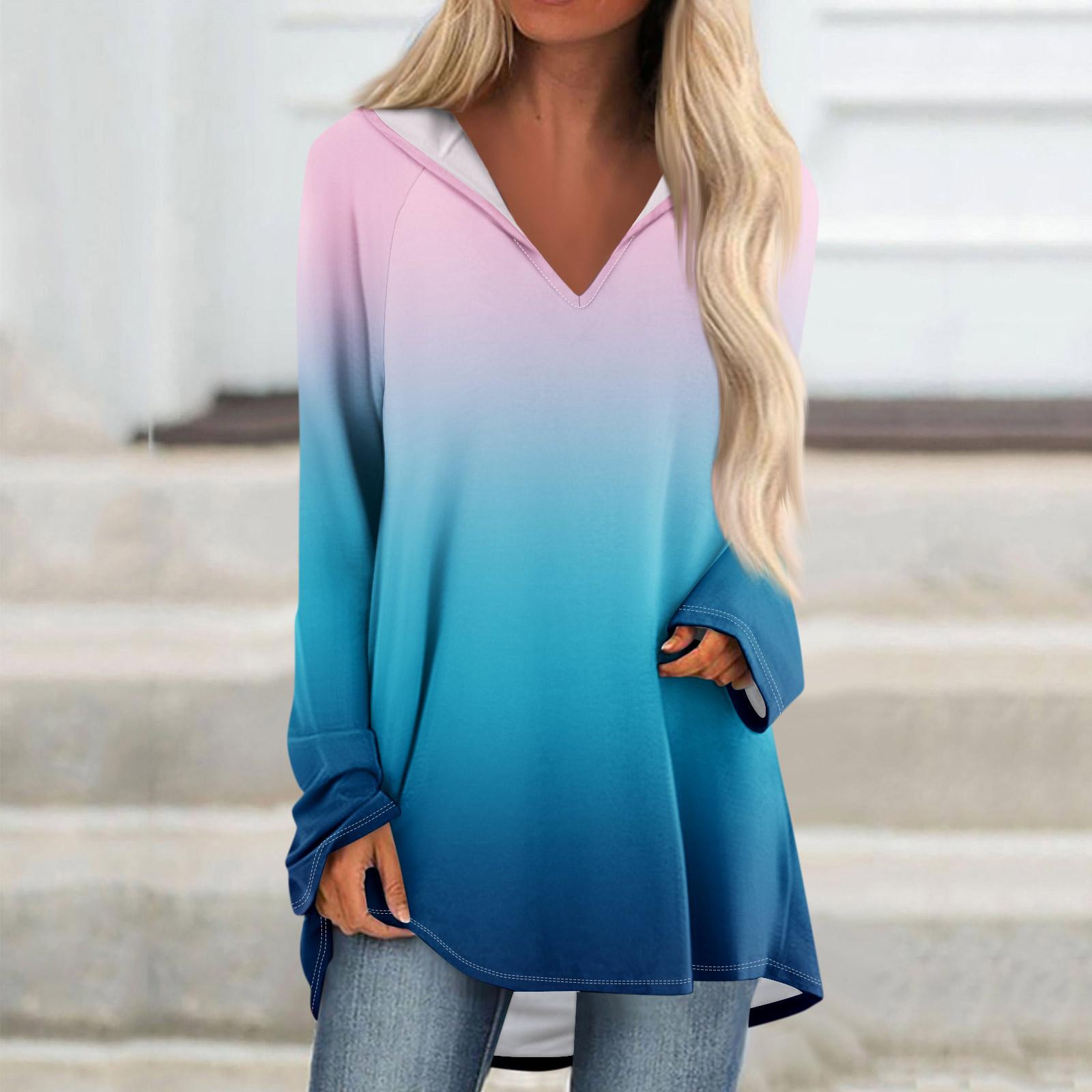 Женские свободные топы с V-образным вырезом и капюшоном с длинными рукавами — фото 6