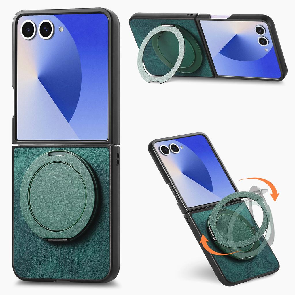 For Samsung Galaxy Z Flip7 5G Phone Case with Rotating Kickstand Stress Relief Retro Leather Back Cover