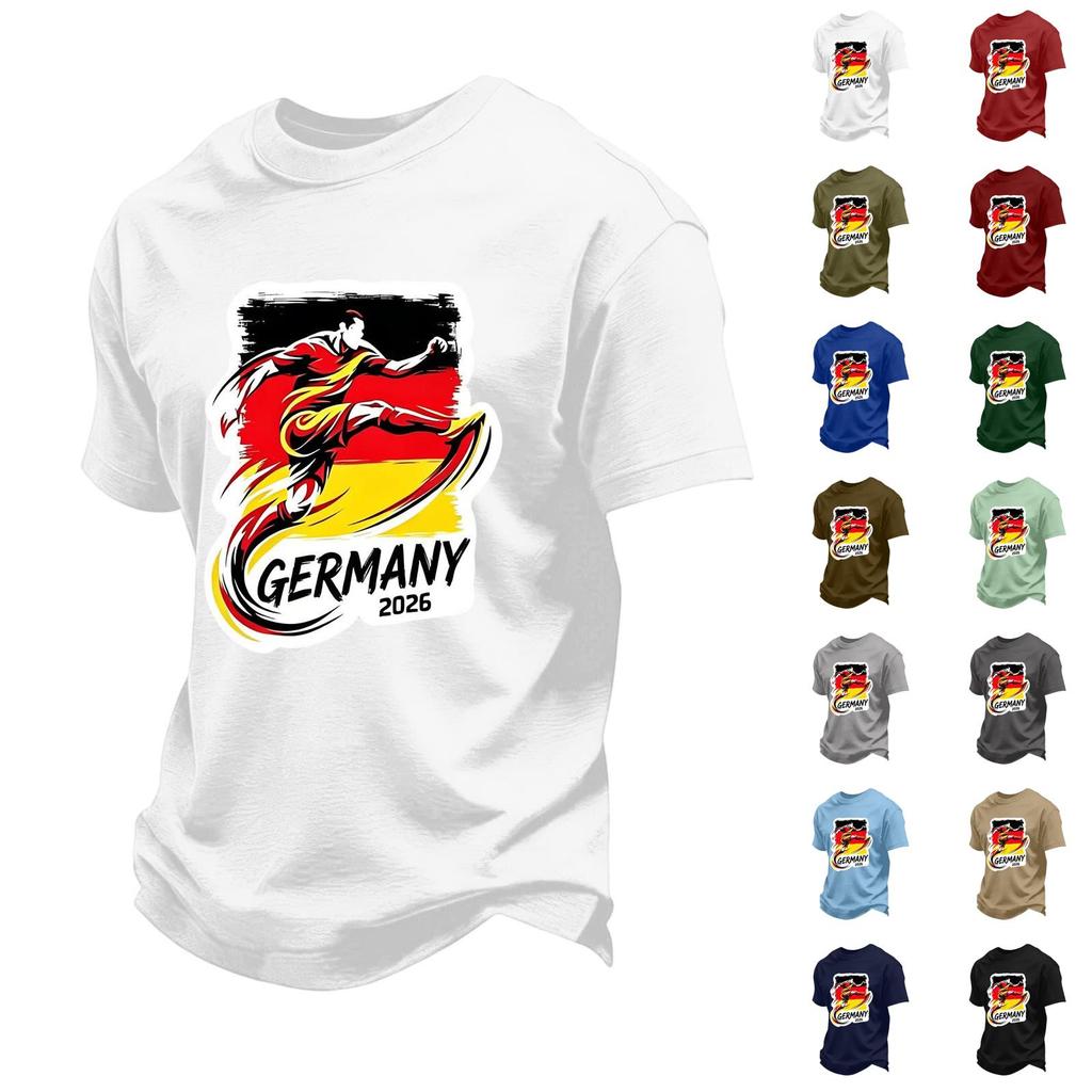 Short Sleeve Casual T Shirt with Graphic Print Soccer Player Illustration and Text Germany 2026 Soft Comfortable Fit for Everyday Wear