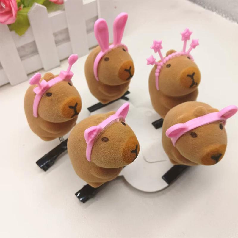 5Pcs Pink Headband Capybara Flocking Hairpin Cartoon Animal Spring Hair Clip Lovely Headwear Hair Accessories Party Favors