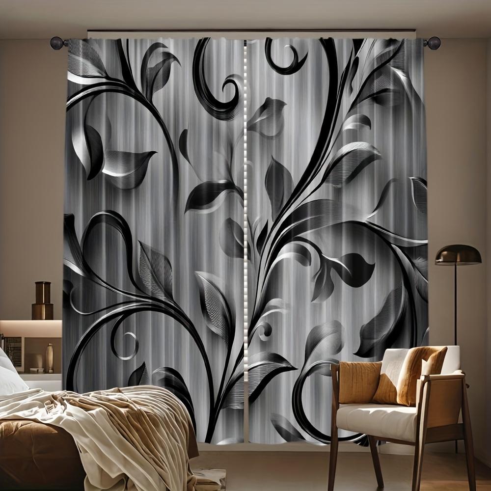 2Pcs Elegant Sheer Curtains – Black And White Floral Pattern, Ideal For Living Room And Bedroom, Modern Home Decor