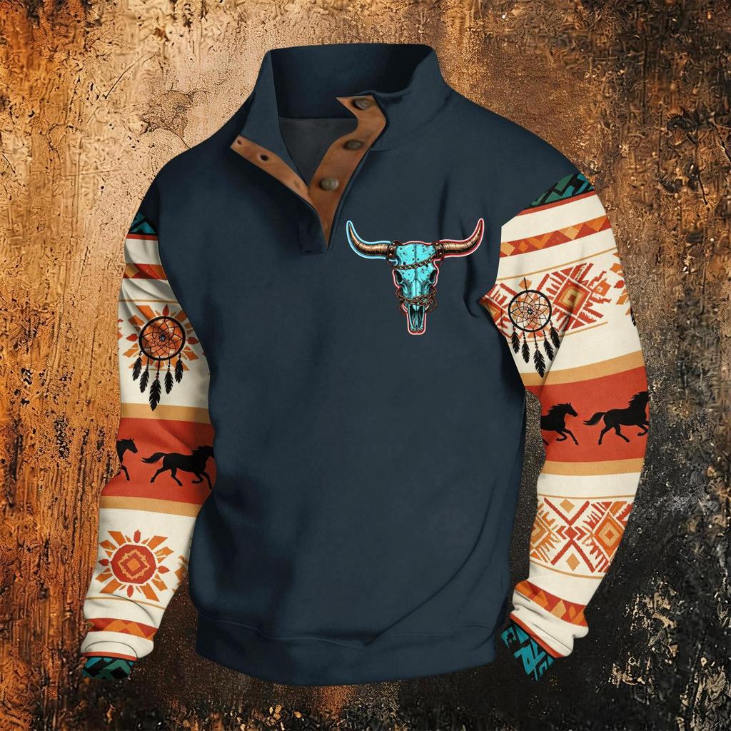 Men's Western Hooded Sweatshirt Long Sleeve Pattern Print Pullover